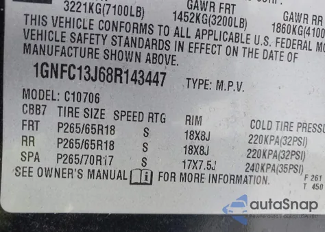 2008 Chevrolet Tahoe Lt z USA, uszkodzony, nr VIN 1GNFC13J68R143447